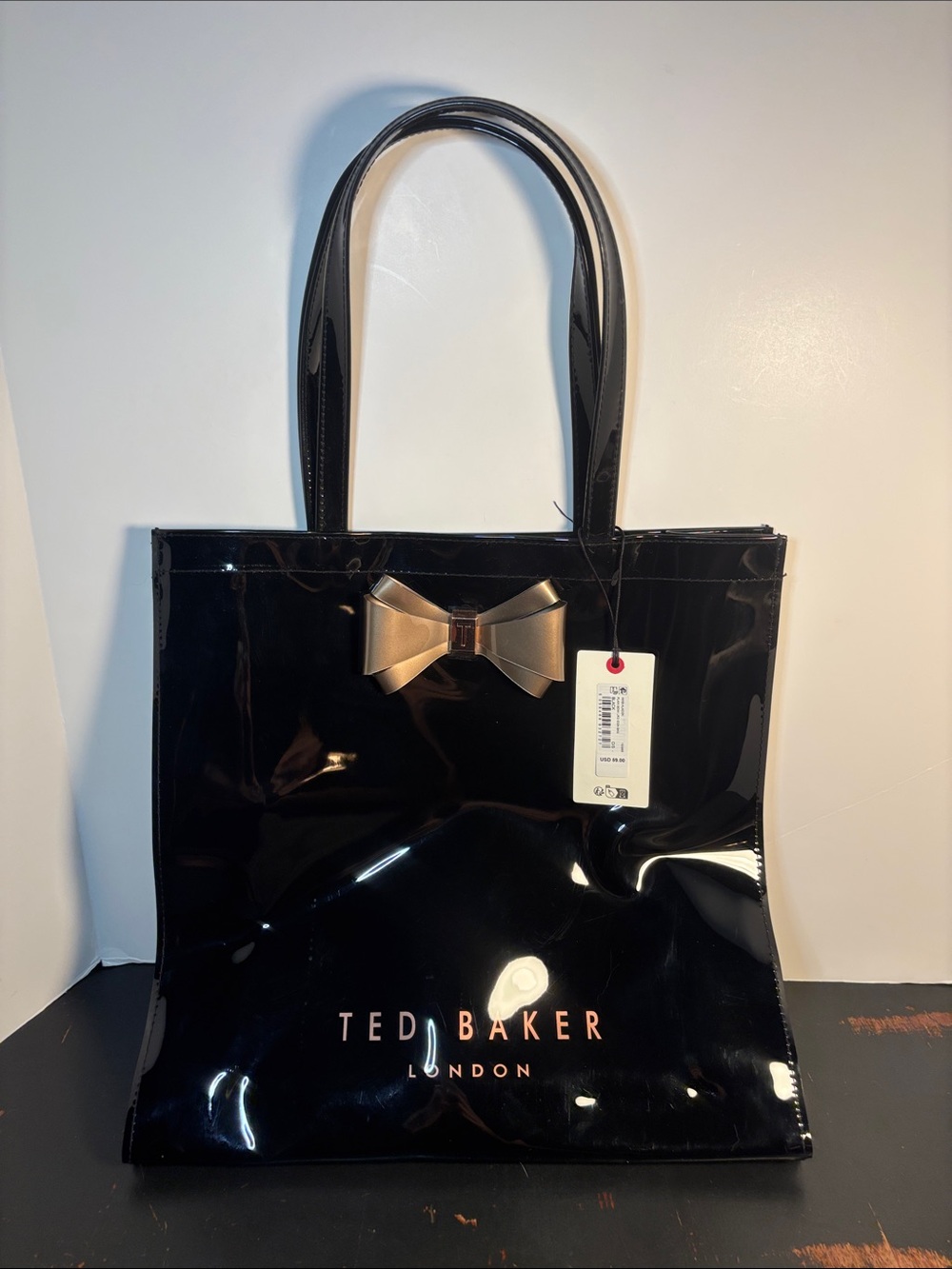 NWT Ted Baker Black Patent Icon Tote Bag with Gold Bow